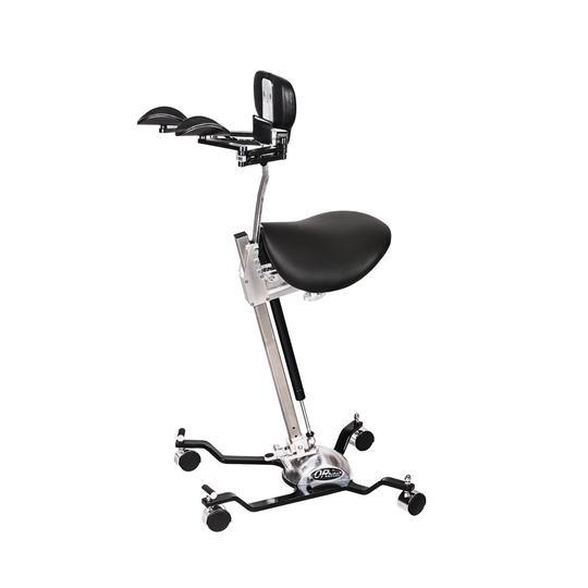 Orbital microsurgical stool with chest support and saddle seat and armrests provides full body ergonomic support for doctors