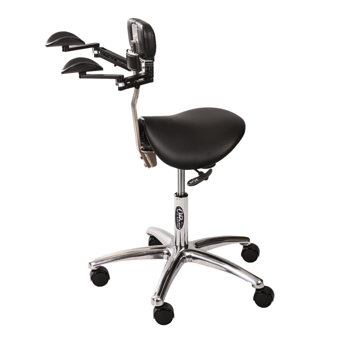 Ergonomic saddle stool with chest support for dentists, dental assistants, hygienists, surgeons, aestheticians, tattoo artists, beauty technicians, microsurgery, workplace, and other healthcare professionals. Saddle stool