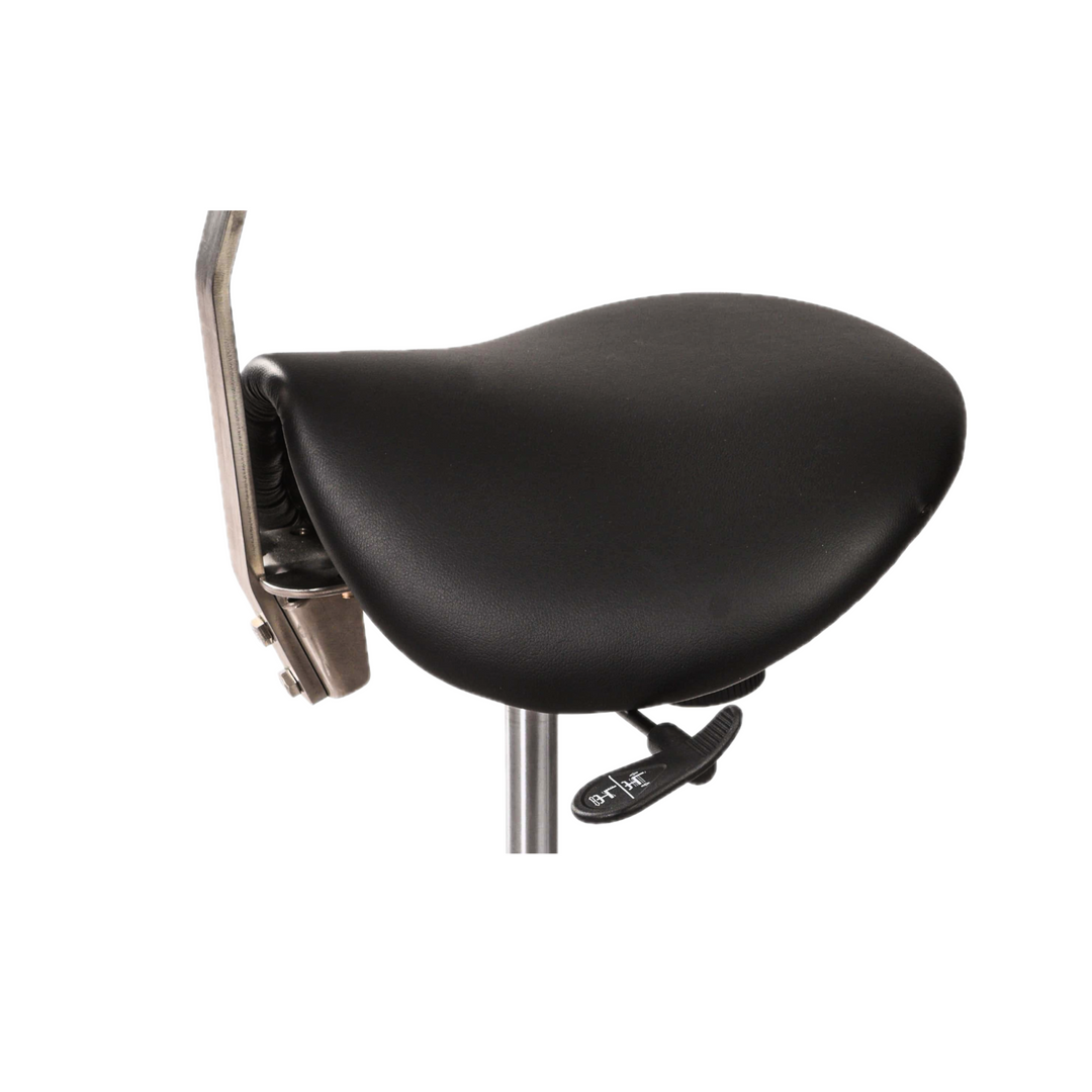 Saddle seat provides excellent ergonomic positioning and improves posture by tilting the pelvis, opening the hips and relieving back pain and stress
