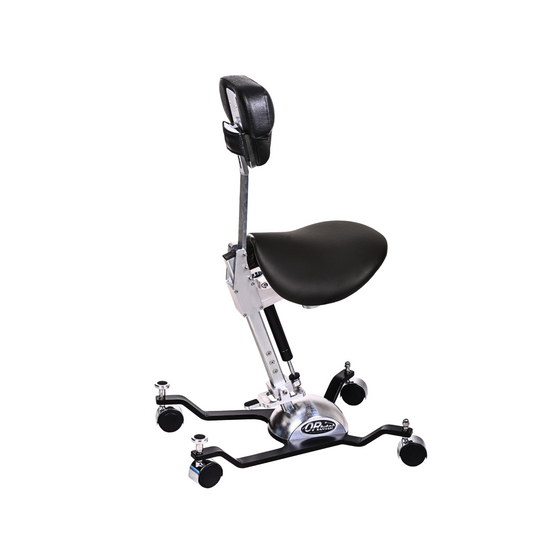 Orbital ergonomic stool with chest support and saddle seat relieves back pain during surgery