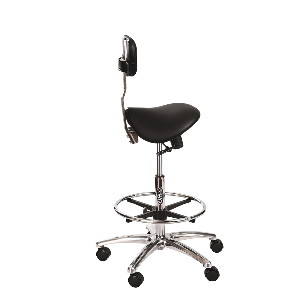 Orbital assist stool with chest support and saddle seat relieves back, neck and shoulder pain for dental assistants