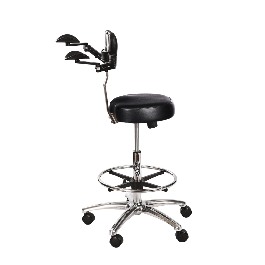 Orbital assist dental assistant chair with chest support, armrests and foot ring provides ergonomic support relieving pain in the neck shoulders and back