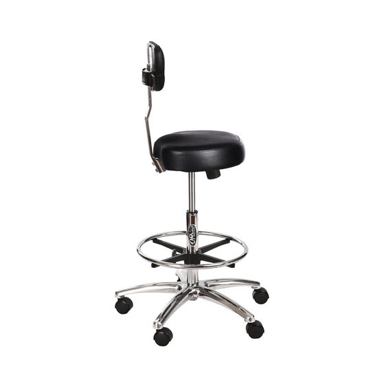 Orbital assist dental stool with chest support and foot ring provides excellent ergonomic support for dental assistants experiencing back pain