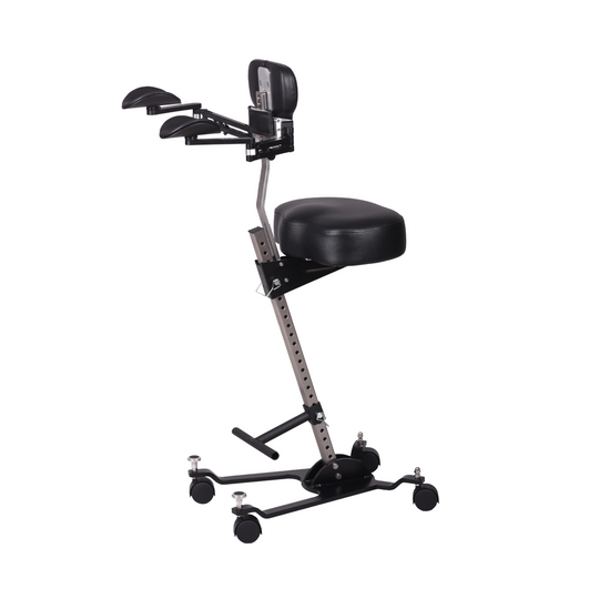 The Orbital Modular ergonomic chair optioned with chest support, custom flat seat, foot rest t-bar and armrests.