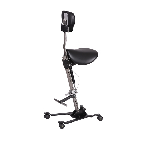 The Orbital Modular ergonomic chair optioned with chest support, saddle seat, hydraulic height adjustment and foot rest t-bar.