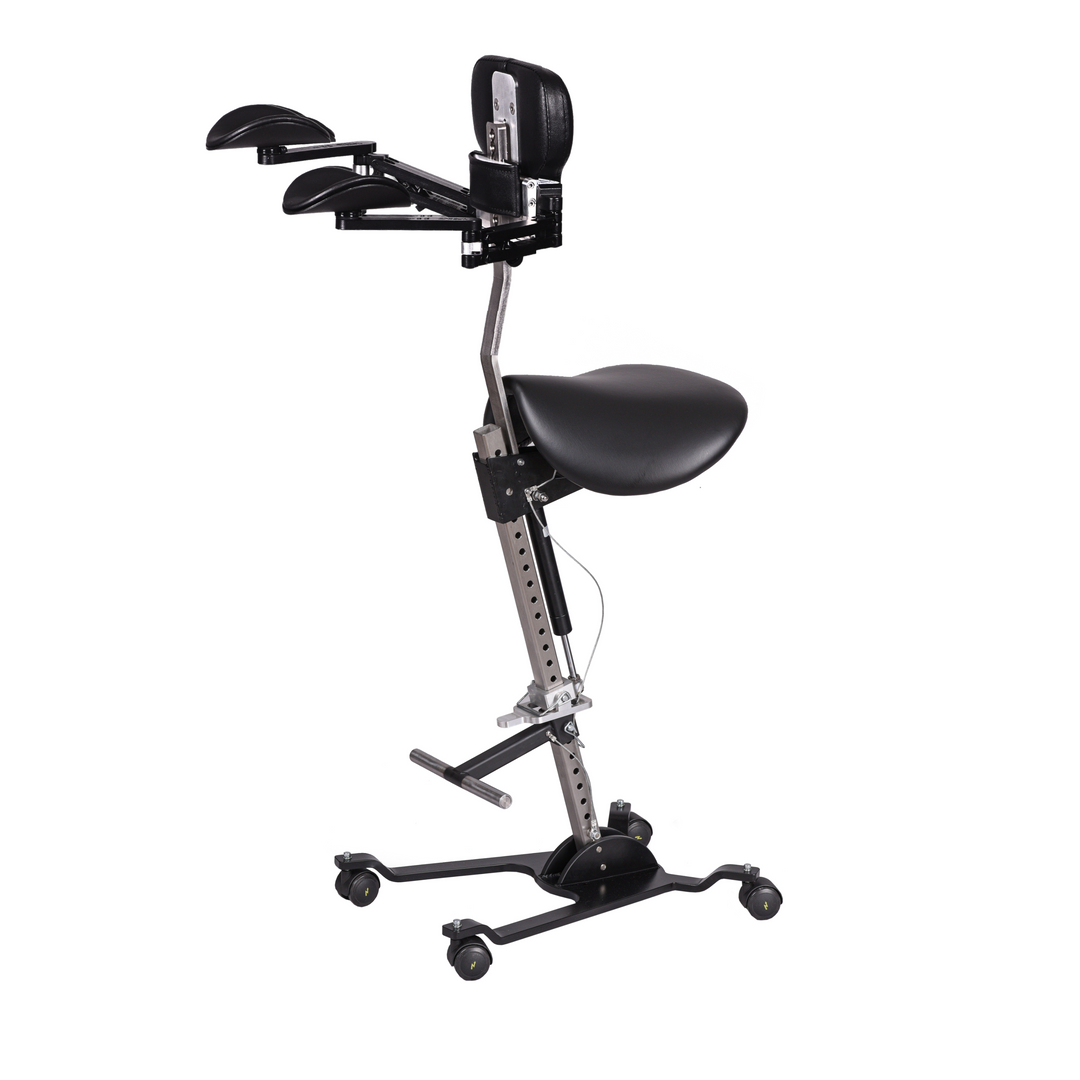 The Orbital Modular ergonomic chair optioned with chest support, saddle seat, hydraulic height adjustment, foot rest t-bar and armrests.