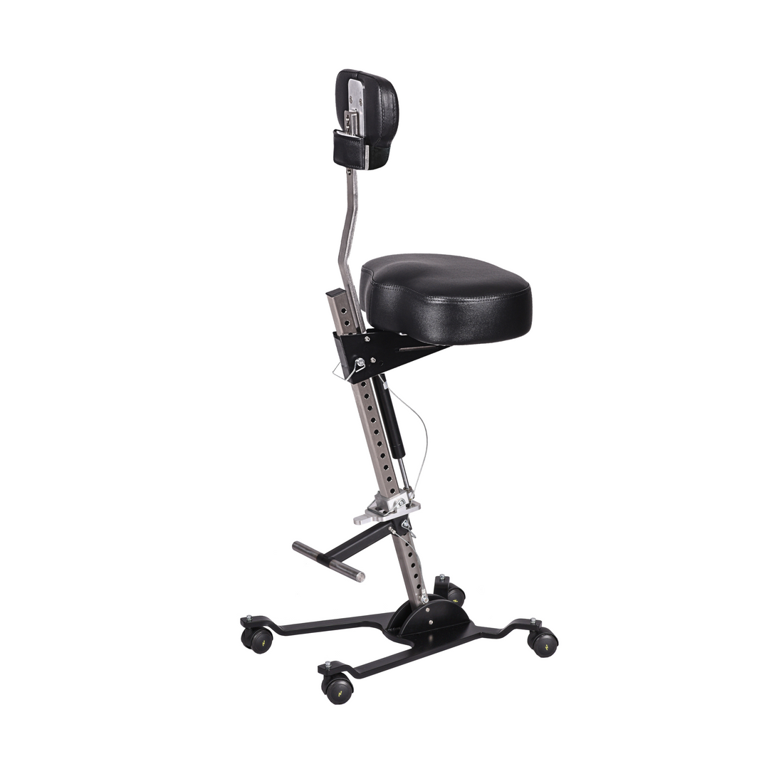 The Orbital Modular ergonomic chair optioned with chest support, custom flat seat, hydraulic height adjustment and foot rest t-bar.