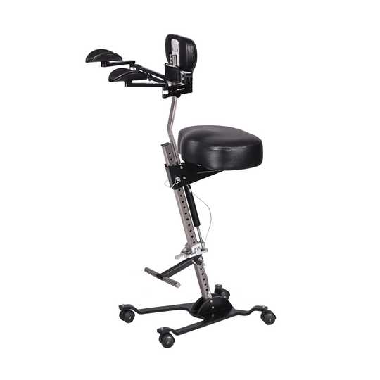 The Orbital Modular ergonomic chair optioned with chest support, custom flat seat, hydraulic height adjustment, foot rest t-bar and armrests. This is the ESD version.