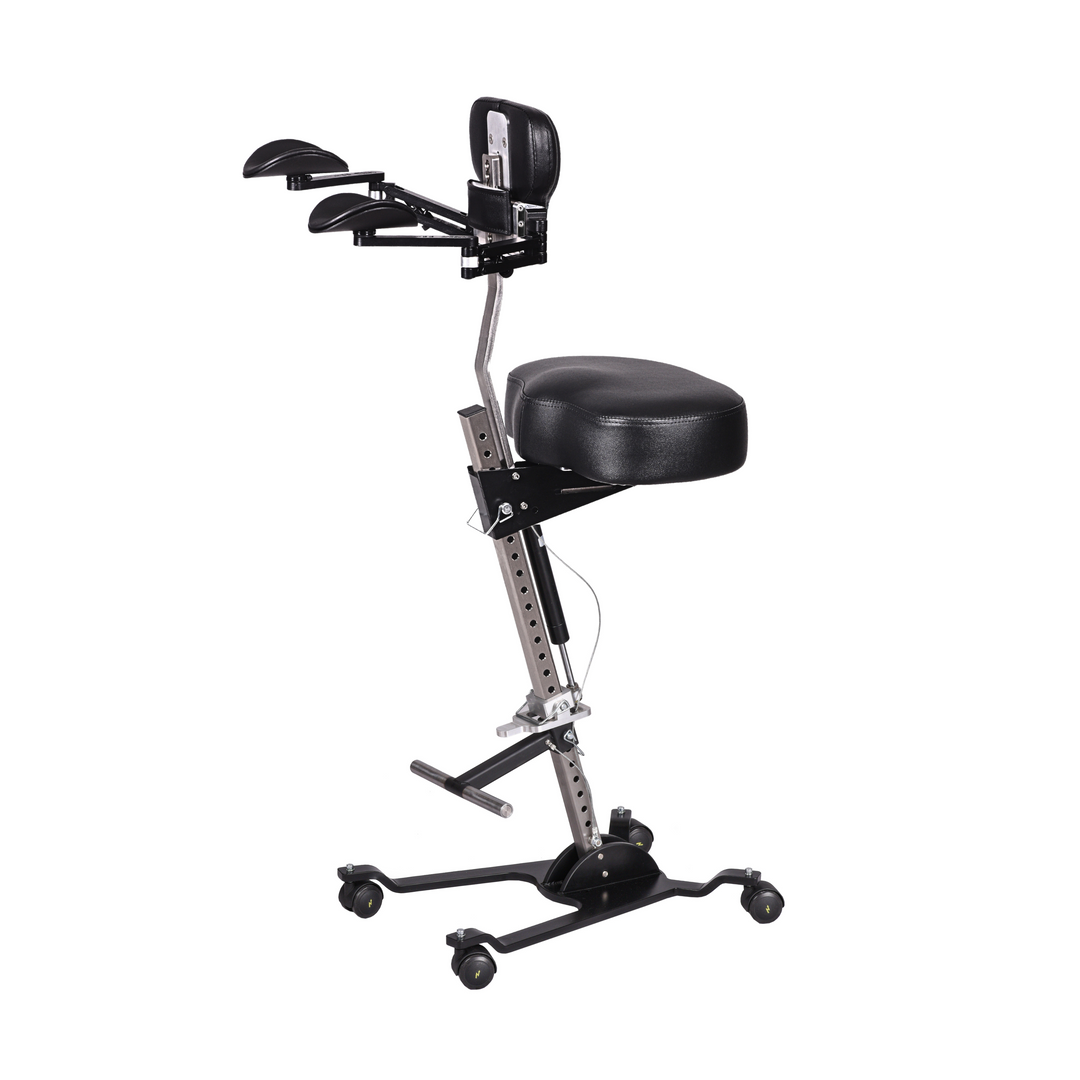 The Orbital Modular ergonomic chair optioned with chest support, custom flat seat, hydraulic height adjustment, foot rest t-bar and armrests.