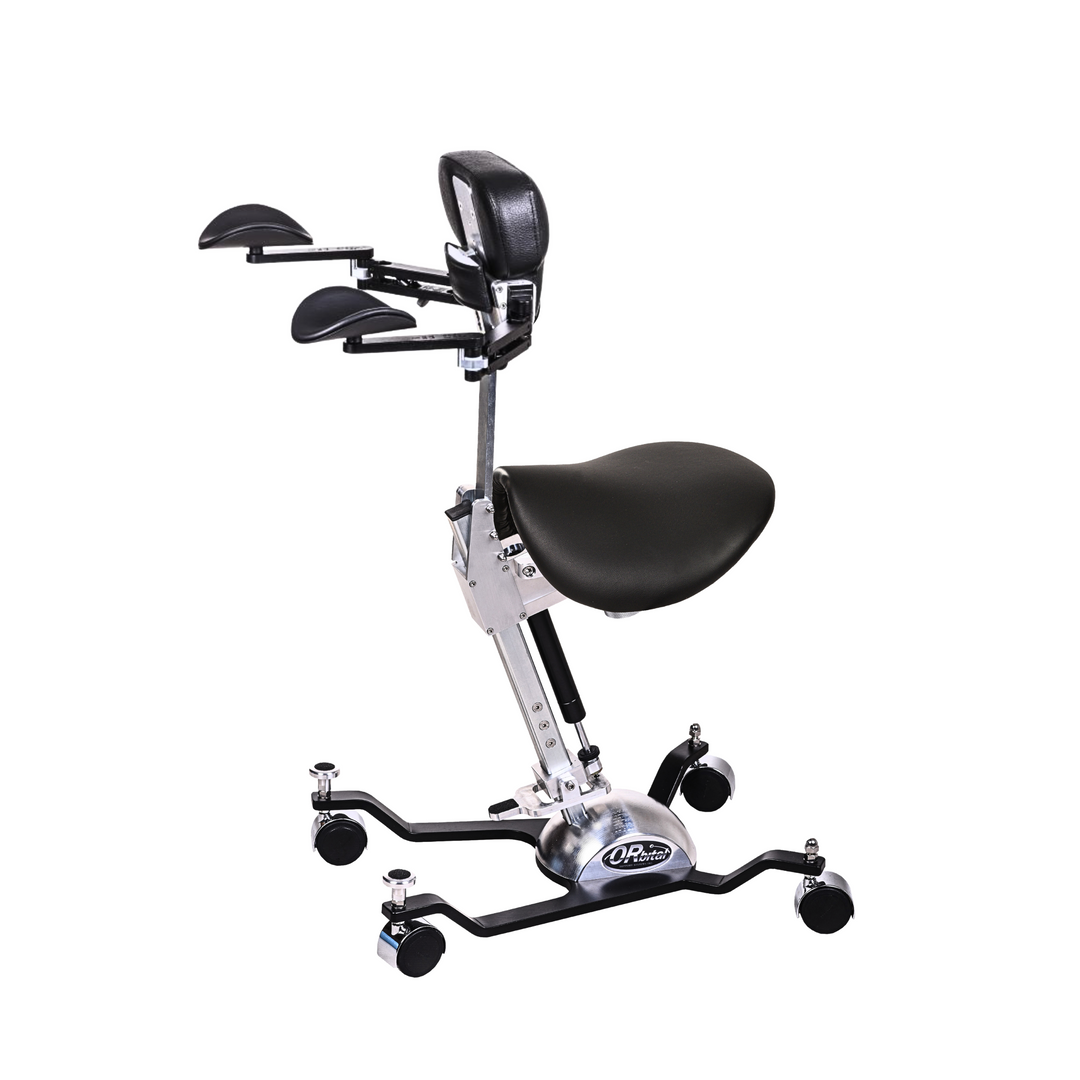 Orbital Surgical ergonomic chair with chest support, saddle seat and armrests provides full ergonomic support relieving back, neck and shoulder pain during surgery