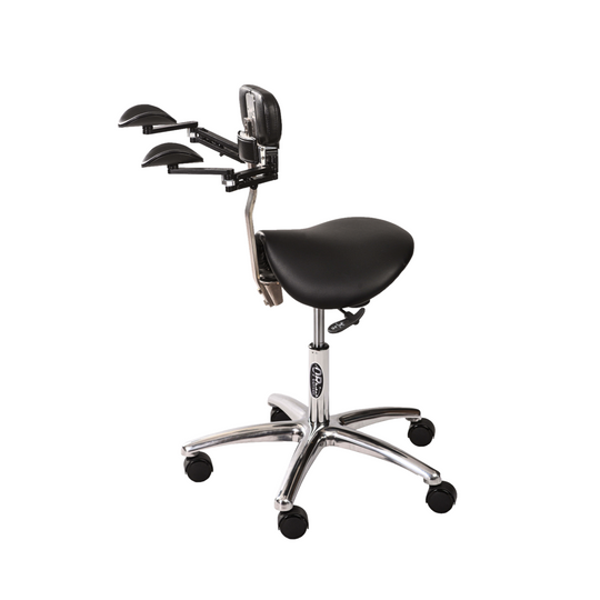 Ergonomic saddle stool with chest support for dentists, dental assistants, hygienists, surgeons, aestheticians, tattoo artists, beauty technicians, microsurgery, workplace, and other healthcare professionals. Saddle stool