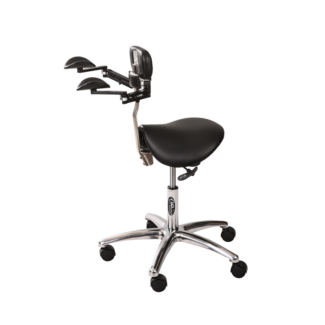 Ergonomic saddle stool for dentists, dental assistants, hygienists, surgeons, aestheticians, tattoo artists, beauty technicians, microsurgery, workplace, and other healthcare professionals.